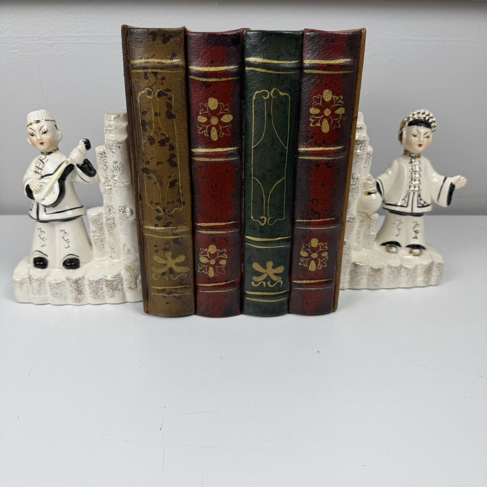 Vtg Asian Figurine Bookends Ceramic Chalkware MCM Japan Geisha Pair - Picture 2 of 16